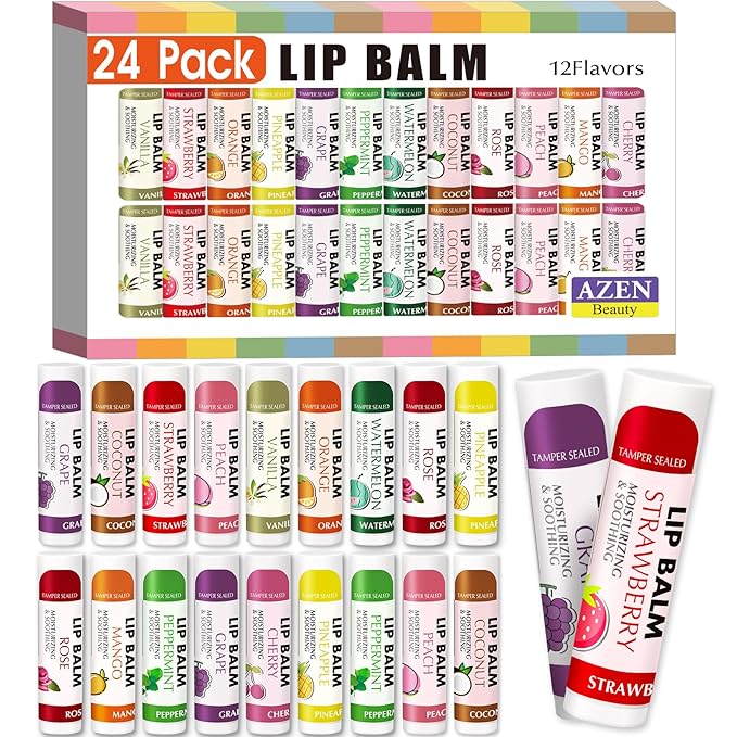 AZEN 24 Pack Lip Balm, Natural Lip Balm Bulk, Lip Care Product, Moisturizing Lip Balms for dry cracked lips - 12 Flavors