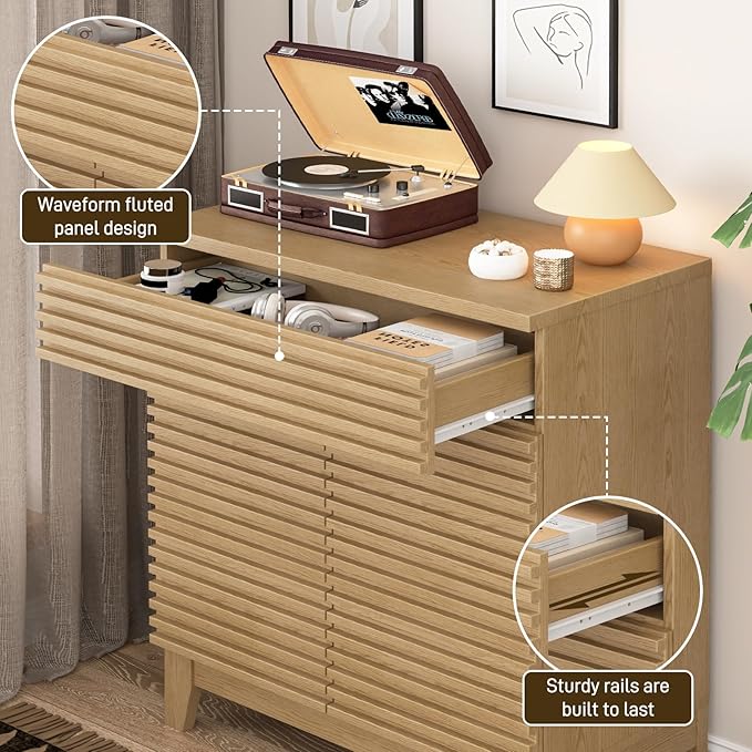Fluted Buffet Cabinet with Storage, Coffee Bar Cabinet with a Drawer, Sideboard Buffet Kitchen Storage Cabinets with Adjustable Shelves for Living Room, Kitchen, Natural Oak