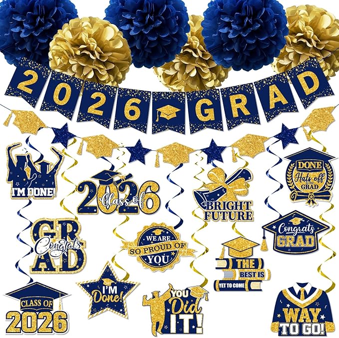 Navy Blue Graduation Decorations, 2026 Grad Banner and Congrats Grad Hanging Swirls, Navy Blue and Gold Graduation Banner Graduations Hanging Swirls College Graduations Party Decoration Class of 2026
