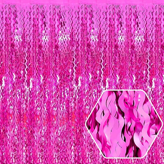 4 Pack Rose Red Wave Foil Fringe Curtain Backdrop, 3.28Ft x 8.2Ft Metallic Tinsel Foil Fringe Streamer Curtains for Photo Booth, Mother's Day, Easter, Birthday, Wedding Party Decoration