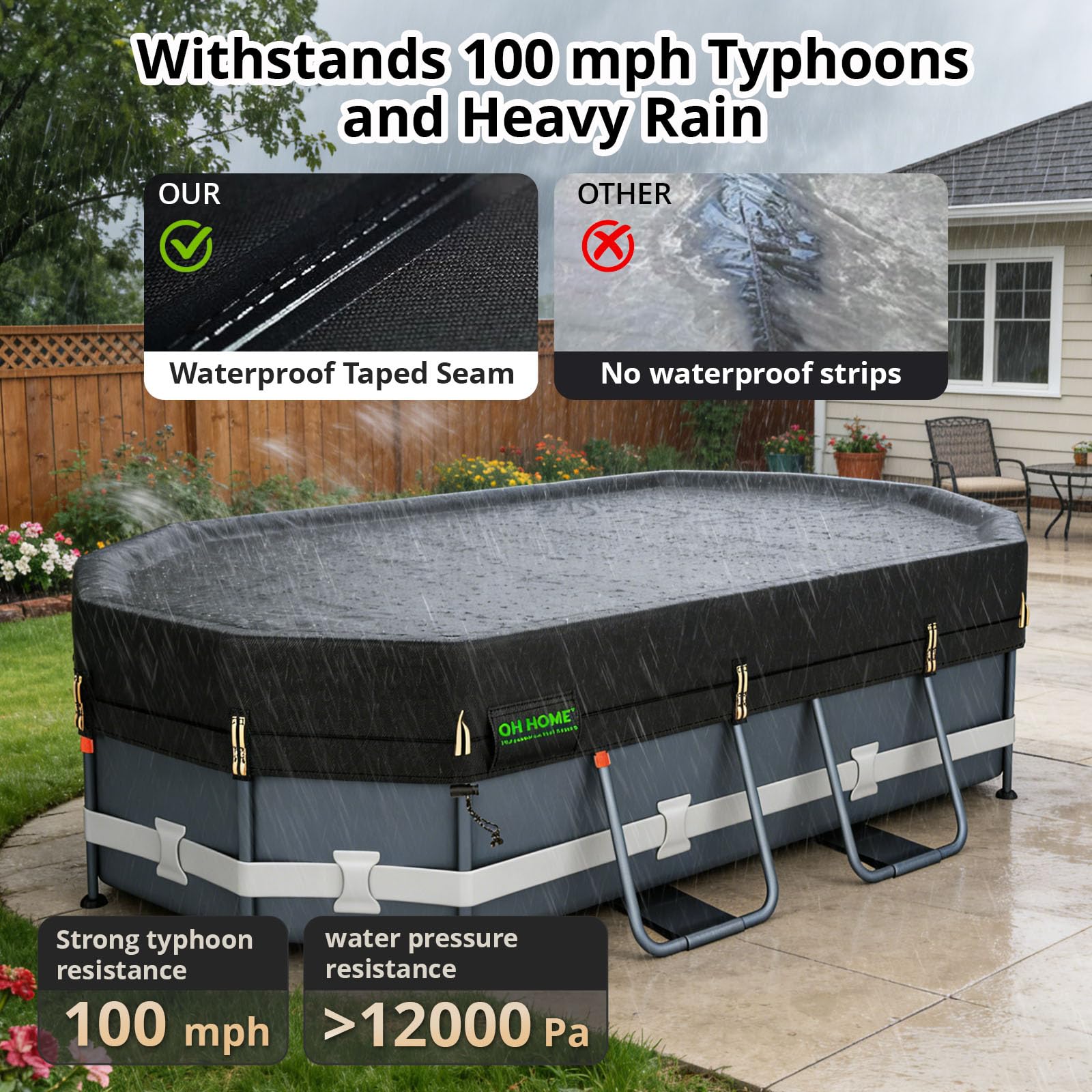 QH.HOME 550D 8.2x14 Ft Oval Pool Cover [Upgraded Tear Resistant&Quadruple Windpoof] wth Pre-Installed Patented Winch and Rope, Pool Covers for Above Ground Pools Oval-Snug Fit & Waterproof Protection