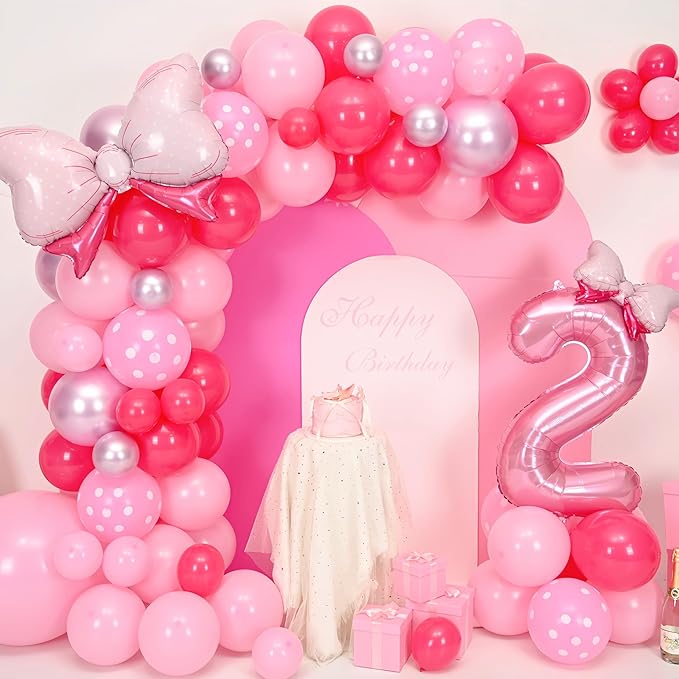 Pink 2nd Birthday Balloons Decorations, Hot Pink Rose Polka Dots Balloons Arch Kit, Huge Bow Foil Balloon, pink Number 2 Balloon Tower for Baby Shower Girls Princess 2nd Theme Party