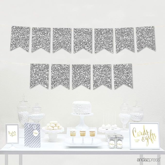 Andaz Press Hanging Pennant Banner with String, Faux Silver Glitter, 1-Set, 24 Pennants, Approx. 12-Feet Long