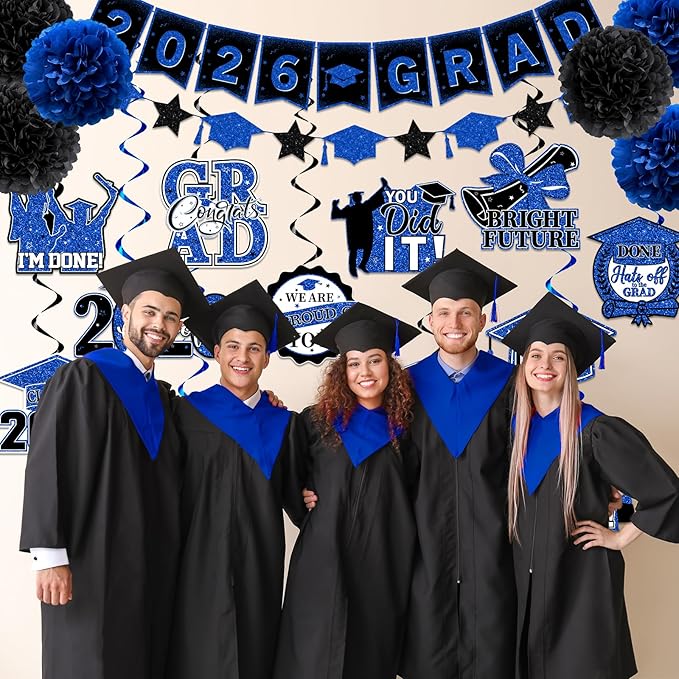 Blue Graduation Decorations, 2026 Grad Banner and Congrats Grad Hanging Swirls, Blue and Black Banner Graduations Hanging Swirls College Graduations Party Decorations Class of 2026