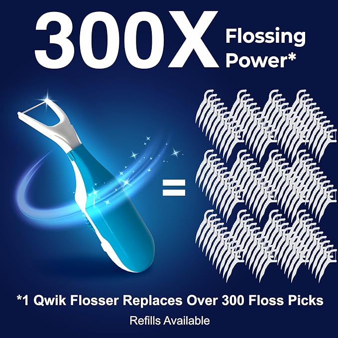 QWIK Automatic Dental Flosser | Click-to-Use, Reusable & Refillable | Pre-Loaded Floss with Travel Cover | Easy Flossing for Plaque Removal, Clean Teeth & Fresh Breath (Pink)