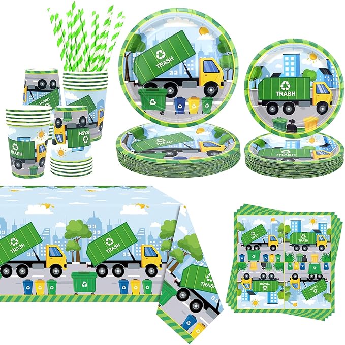 Trash Truck Birthday Party Decoration - Garbage Truck Birthday Party Tableware Supplies Includes Plates, Cups, Napkins, Tablecloth, Straws (20)