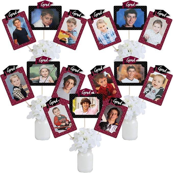Big Dot of Happiness Maroon Grad Graduation Photo Display Centerpiece Kit - 15 Double-Sided Photo Table Topper Sticks, Vertical and Horizontal 4x6 Picture Holders, DIY Party Decoration Set