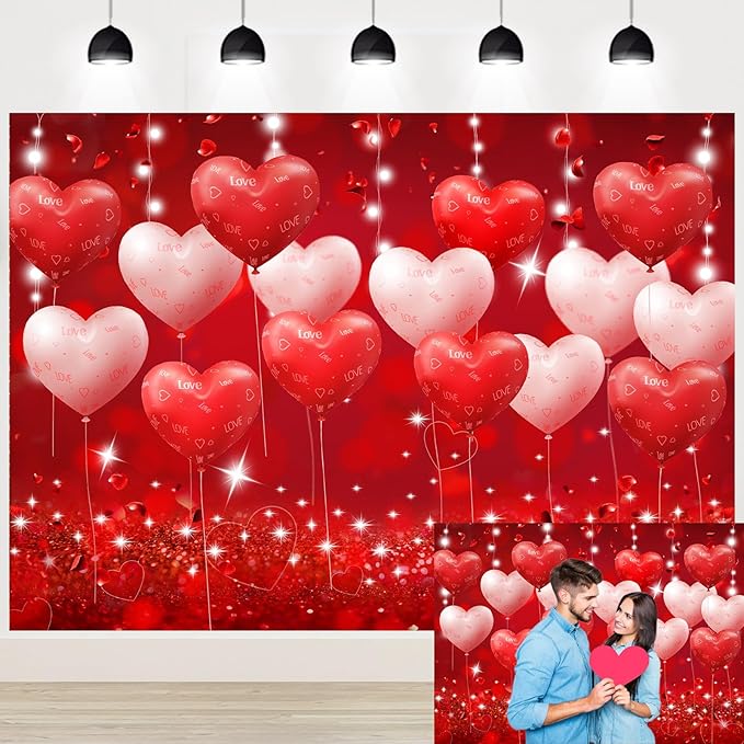 Red Hearts Balloons Anniversary Backdrop Banner 7x5ft Romantic Love Theme Photo Background For Anniversary Engagement Wedding Bridal Shower Couples Date Night Party Decorations Photo Booth (82x59inch)