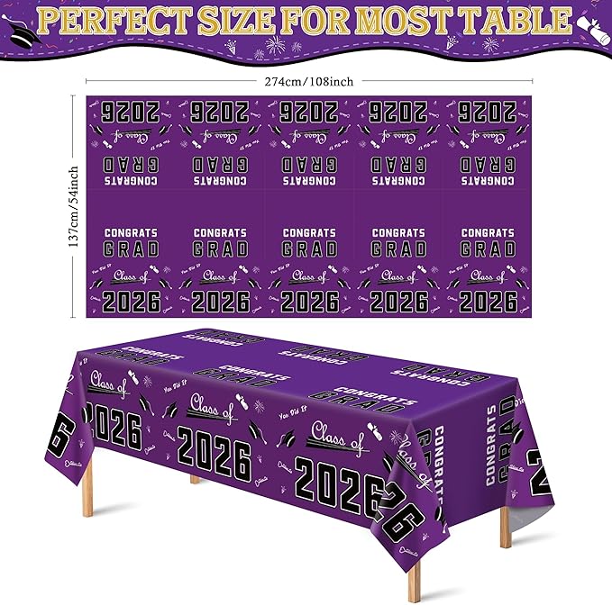 OHOME Graduation Decorations Class of 2026 - Graduation Party Decorations 2026 - Disposable Plastic Purple Tablecloth Banner for Class of 2026 Decorations Party Favors Supplies,54" X 108",2 Pack