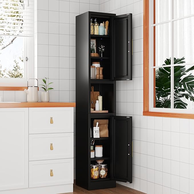 Tall Narrow Storage Cabinet 66.93" H Tall Bathroom Cabinet Metal Pantry Cabinets, 4 Adjustable Shelves for Kitchen, Home Office, Living Room, Dinning Room (12 inches Wide Black)
