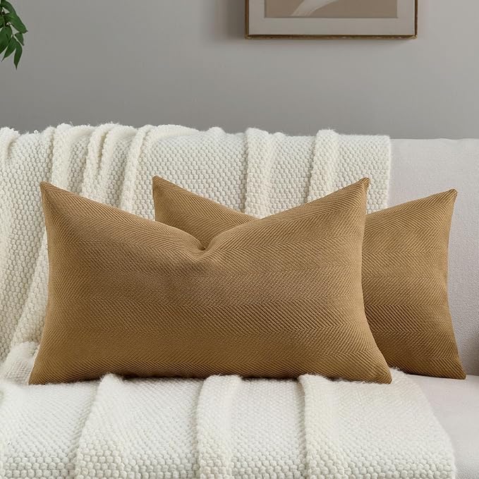 FUTEI Camel Chenille Throw Pillow Covers 12x20 Inch Set of 2,Soft Wide Chevron Textured Lumbar Pillow Cases,Farmhouse Home Decor for Couch Bed Living Room