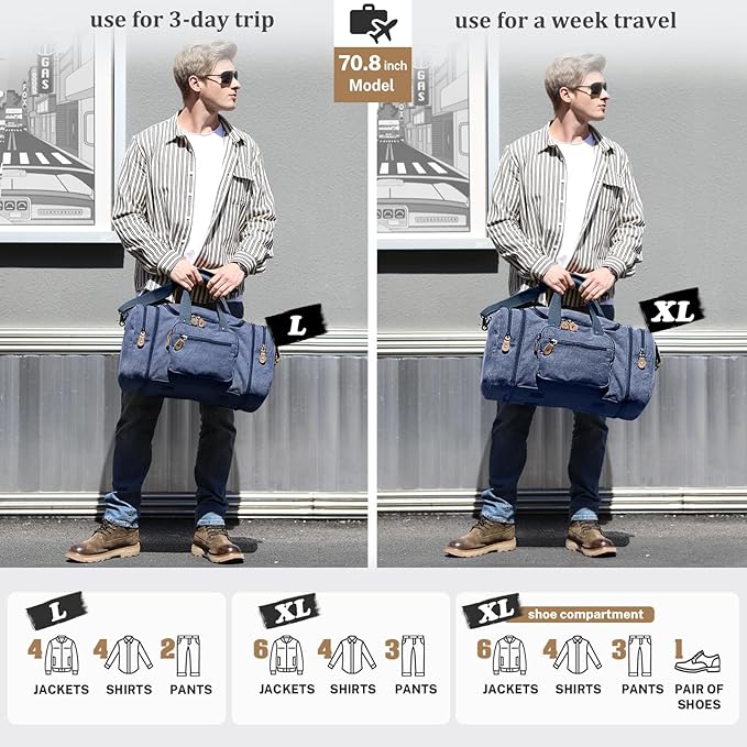 Gonex Canvas Duffle Bag for Travel 50L Expandable Duffel Weekend Overnight Bag men (Blue)