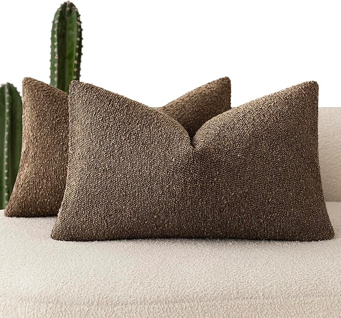 Foindtower Pack of 2 Textured Boucle Throw Pillow Covers Accent Solid Decorative Lumbar Pillow Cases Cozy Couch Cushion Case for Chair Sofa Bedroom Living Room Home Decor 12x20 Inch Chocolate