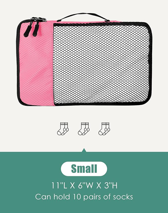 WTREE 4-Piece Packing Cubes Travel Accessories Set for Suitcases - Luggage Organizer Bags with Double Zipper - Mesh Top - Small - Pink
