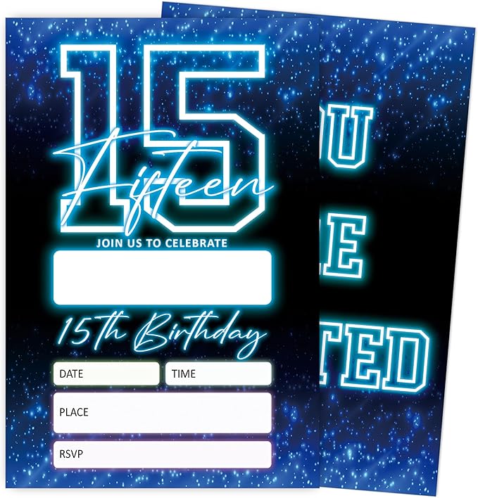 SIXEIGHT Blue 15th Birthday Invitations for Boys, Neon Glow Party Invitations for Girls Kids, 20 Pack Double Sided Invite Cards with Envelopes, 15th Glow Neon Birthday Party Decorations, 4x6 Inch-C48