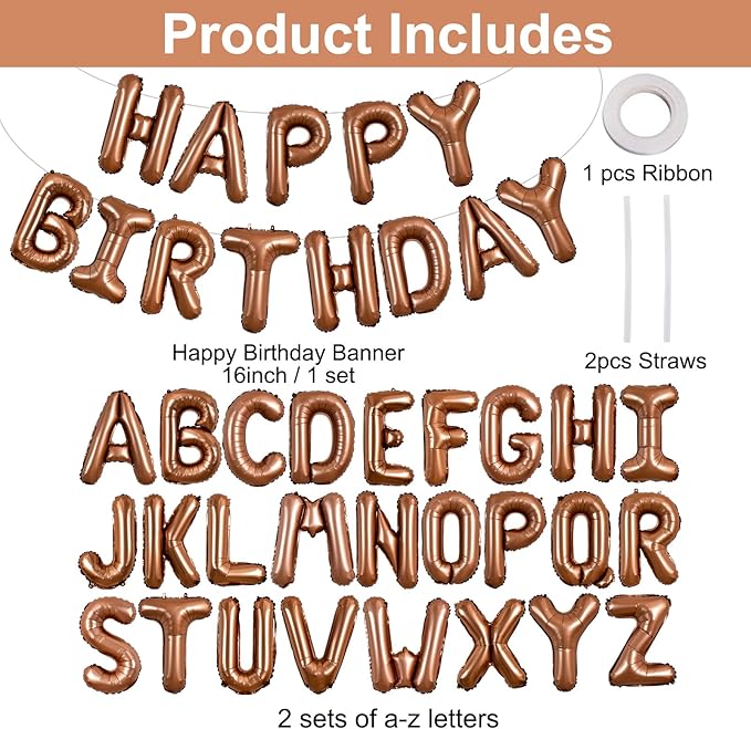 TONIFUL 65 Pcs 16 Inch Brown Happy Birthday Balloons and 2 Sets A-Z Foil Letters Balloons DIY Personalized Phrase Banner for Birthday Celebration Halloween Thanksgiving Christmas Party Decorations
