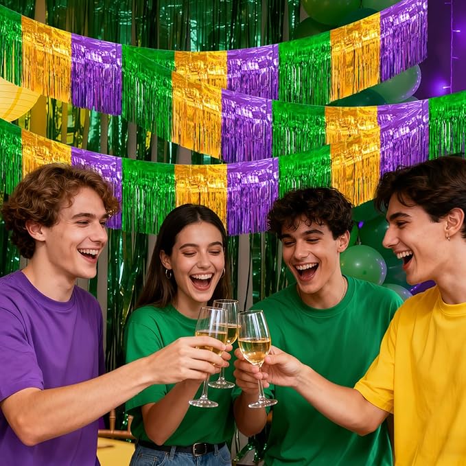 4 Packs 10 Feet Long Foil Fringe Mardi Gras Garland Green Gold Purple Tinsel Metallic Streamers Wall Hanging Birthday Backdrop Banner for Carnaval Car Parade Floats Streamer Decorations