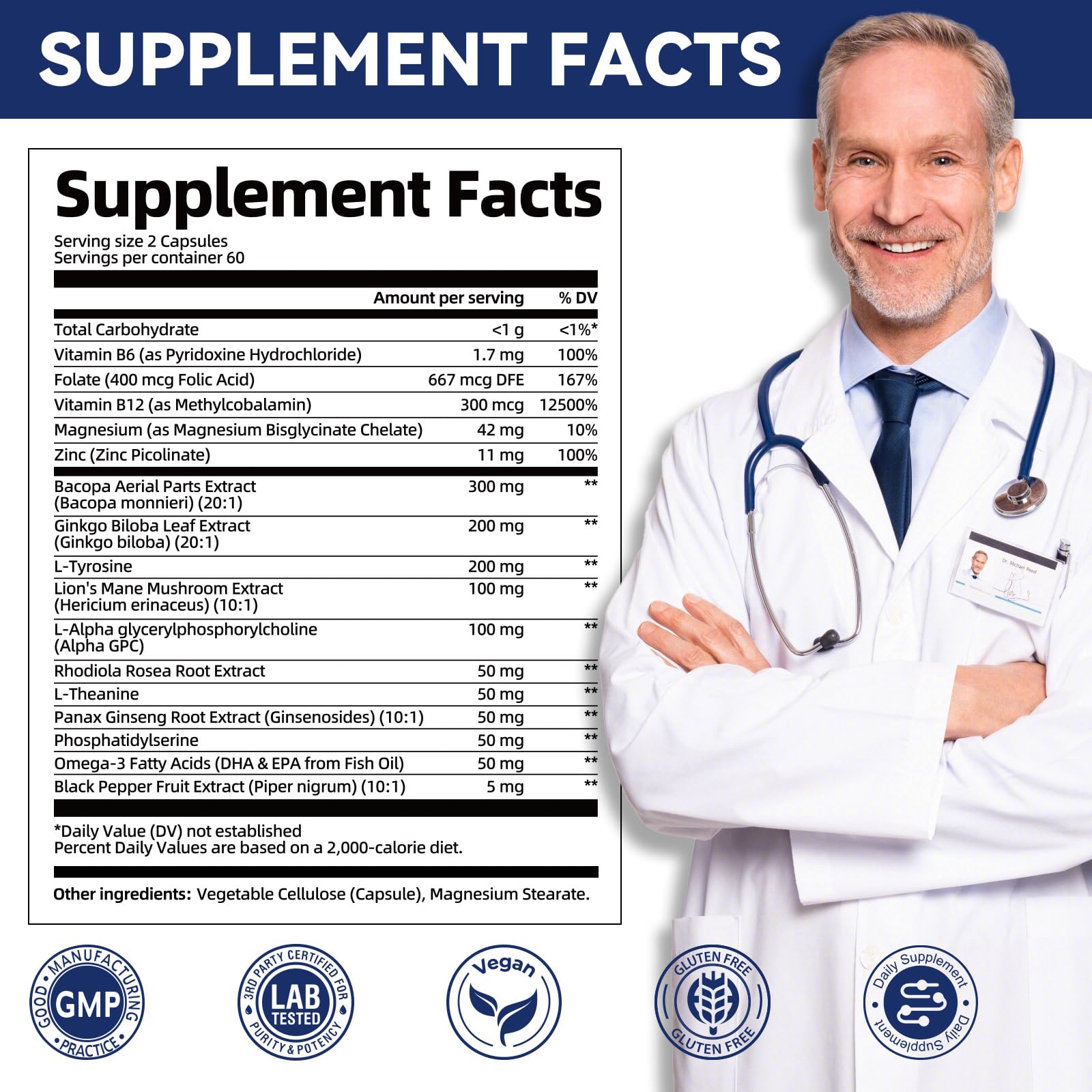 2-Pack Brain Supplements for Memory & Focus | Nootropic with Bacopa, Lion's Mane, Alpha GPC | Mental Clarity & Cognitive Support | Vitamin B6 & B12 – 240 Caps (120/Bottle)