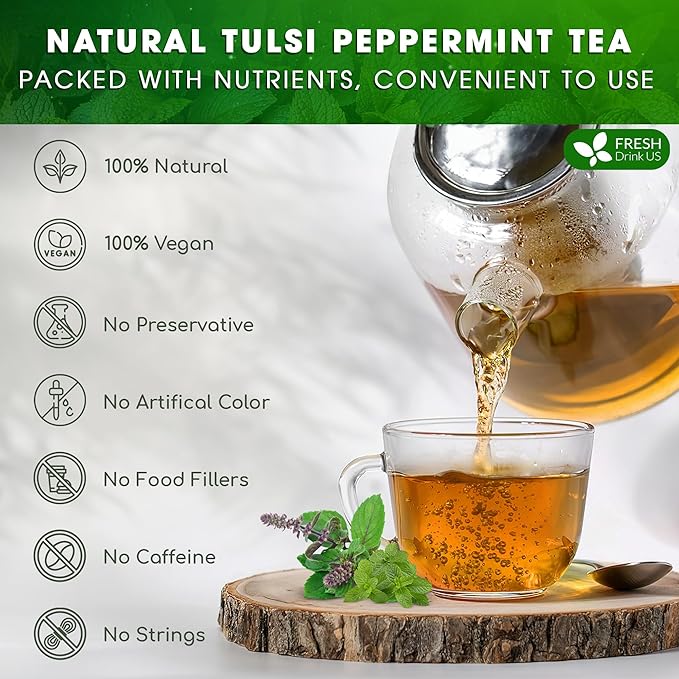 FreshDrinkUS, Premium Tulsi Peppermint Herbal – 30 Tea Bags, 100% Natural, Blend of Tulsi Holy Basil Leaves, and Peppermint Leaves. Made with Natural Material Tea Bags. No Sugar, Vegan.