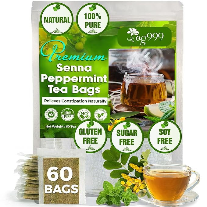 TOG999 60 Tea Bags Relieves Constipation Natural Tea, Blend of Senna Leaves - Peppermint - Licorice - Fennel, 100% Natural Ingrendients, Hand-made Herbal Tea, No Sugar, No Caffeine, No Gluten, Vegan.