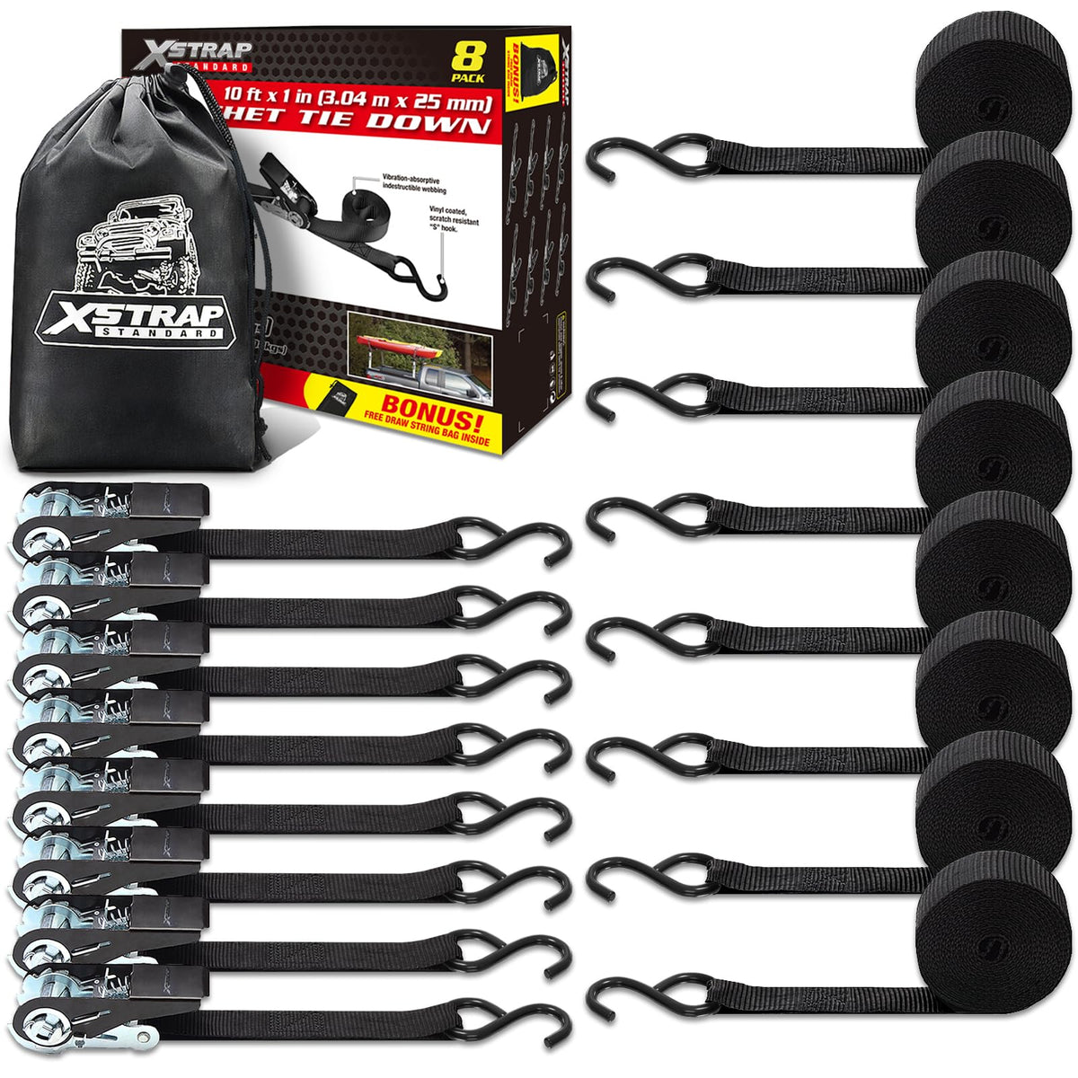 XSTRAP STANDARD Ratchet Tie Down Straps 8PK 1'' x 10 ft - 900 LB Break Strength Cargo Straps for Moving Appliances, Lawn Equipment, Motorcycle (Black)
