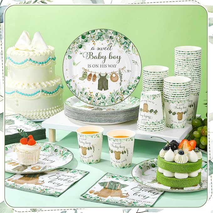 Hushee 200 Pcs Greenery Baby Shower Paper Plates Napkins Cups Baby Shower Party Supplies Tableware Set Disposable Cup Napkin for 50 Guest Party Decoration