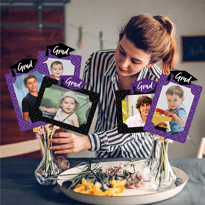 Purple Grad Graduation Photo Display Centerpiece Kit - 15 Double-Sided Photo Table Topper Sticks, Vertical and Horizontal 4x6 Picture Holders, DIY Party Decoration Set