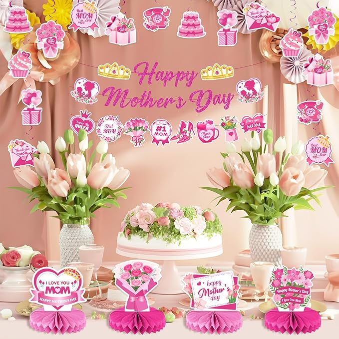 Mother's Day Decorations Set - Pink Glitter Happy Mother's Day Banner, Print Garland, Hanging Swirls, Honeycomb Centerpieces - Best Mom Ever Party Supplies