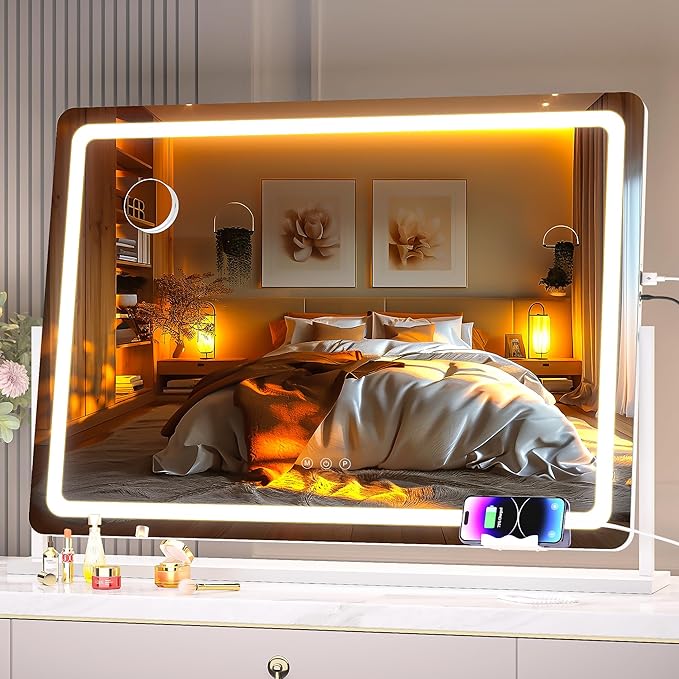 Hasipu Vanity Mirror with Lights, 40" x 29" LED Makeup Mirror, Light up Mirror with 10X Magnification and Phone Holder, USB Charging Port, Smart Touch 3 Colors Dimmable (White)