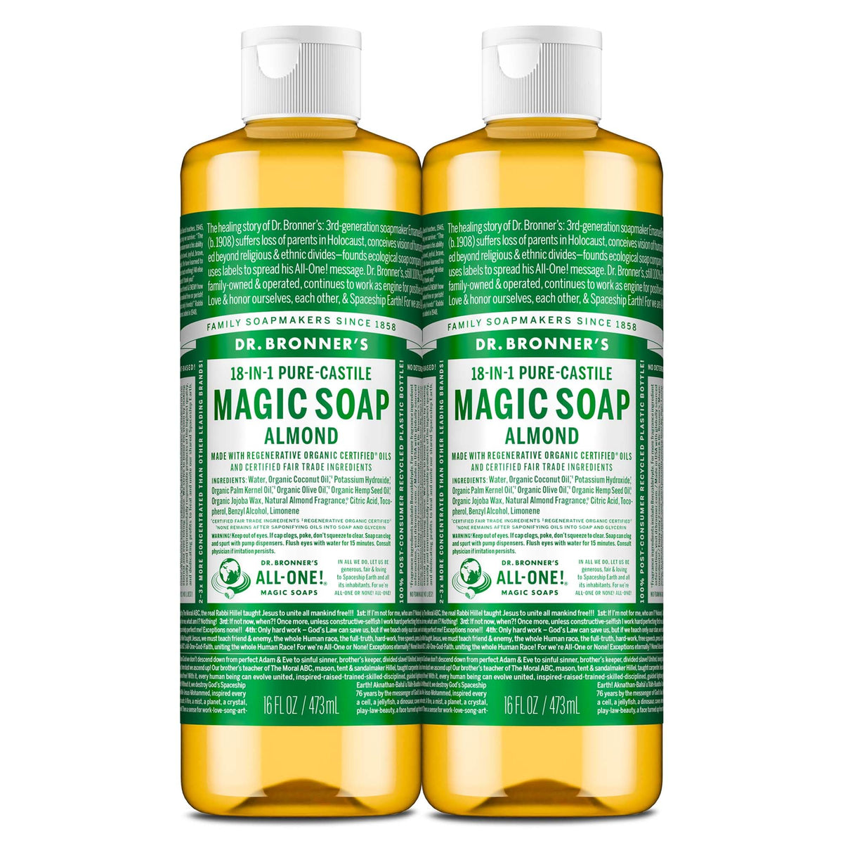 Dr. Bronner's Pure-Castile Magic Liquid Soap (Almond, 16 Ounce, 2-Pack)- Made with Regenerative Organic Certified Oils, 18-in1 Uses: Face, Hair, Hand & Body Soap, Laundry, Pets- Concentrated, Vegan
