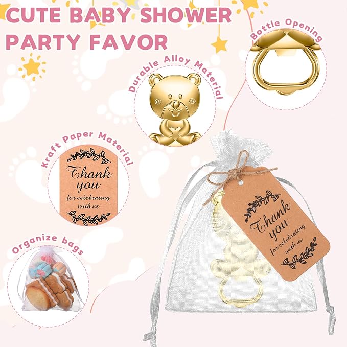 CHENGU Popping Bottle Openers Baby Shower Return Favors for Guests Bottle Opener Decorations and Souvenirs with Organza Bags Thank You Tags for Theme Party Favors (Bear Style,73 Pieces)