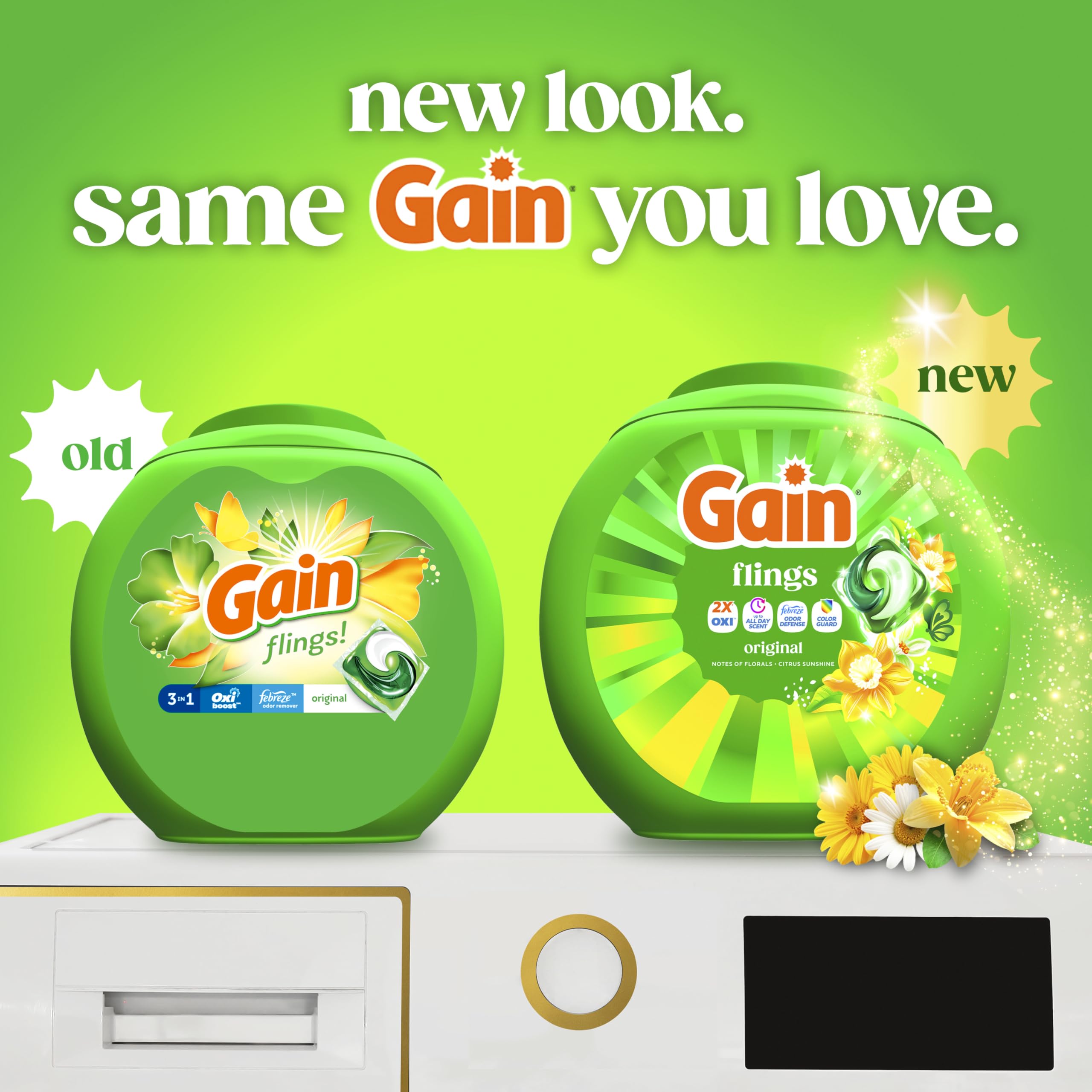 Gain Flings Liquid Washing Detergent Pods, Now with Odor Defense + Color Guard, Original Scent, 4-In-1 Liquid Laundry Detergent Pacs, Clean & Fresh, 112 Count (Packaging May Vary)