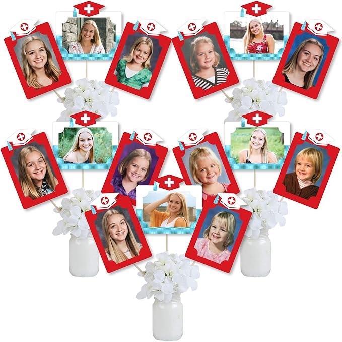 Graduation Photo Display Centerpiece Kit - 15 Double-Sided Photo Table Topper Sticks, Vertical and Horizontal 4x6 Picture Holders, DIY Party Decoration Set - Nurse Graduation