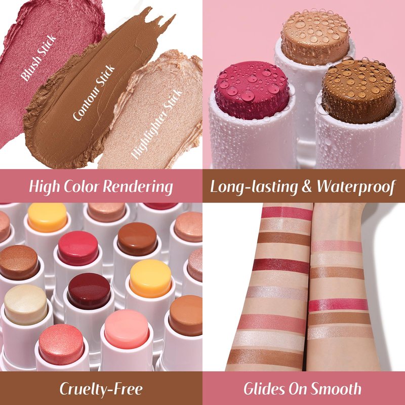 KIMUSE Face Sticks Trio, Cream Blush Stick & Highlighter Stick & Contour Stick for Sculpt the Cheeks, Long Lasting Cream Contour Stick Trio for Face Makeup, with Brush
