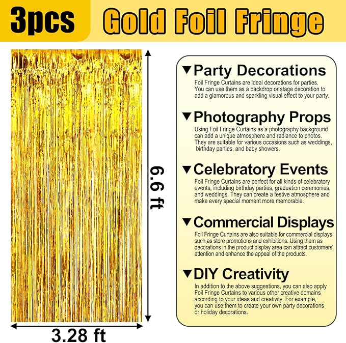 3 Pack Gold Foil Fringe Curtain Backdrop, 3.28Ft x 6.6Ft Metallic Tinsel Foil Fringe Streamer Curtains for Photo Booth, Christmas Day, Thanksgiving, Wedding, New Year Party Decorations