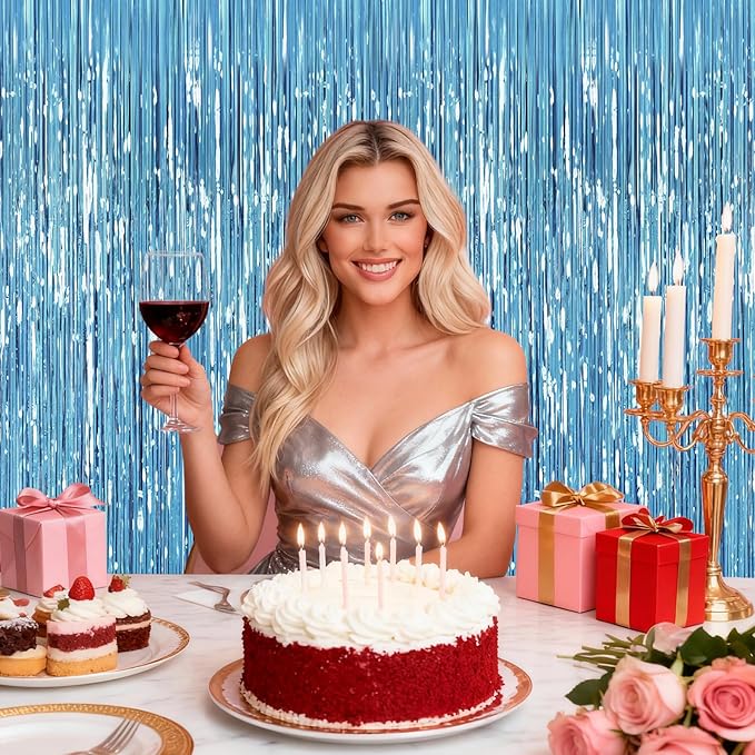 2Pack Backdrop Curtains, Sky Blue Tinsel Backdrop Photo Booth, Metallic Fringe Curtains Foil Tinsel Party Streamer for Birthday Wedding Party, Curtain Backdrop for Baby Shower Bachelorette Decorations