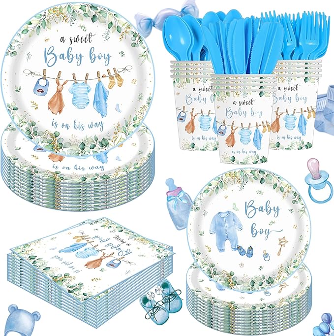 140pcs Boy Baby Shower Decorations Plates Shower Party Tableware with Plates, Napkin, Forks, Cups for Birthday Party Supplies Set Serves 20 Guests (Blue)