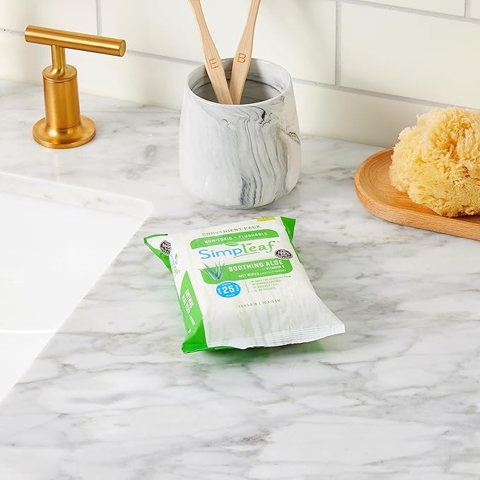 Simpleaf Flushable Wet Wipes Aloe Vera| Eco-Friendly, Paraben & Alcohol Free | Hypoallergenic & Safe for Sensitive Skin | Soothing Aloe Formula | (6 x 25 Counts Convenient Pack) 150 Counts Total