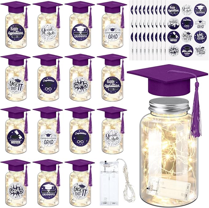Boao 16 Sets Graduation Table Decoration Set with LED Light up Graduation Decorations for Class of 2026, Grad Jar, Felt Grad Hat and Stickers for High School College(Purple,Vivid)