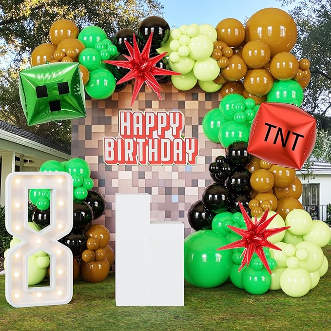 140Pcs Green Balloon Arch Garland Kit with Lime Green Brown Black Square Star Foil Balloons for Gaming Theme Party Decor, Birthday Party Supplies, Kids' Party Crafts and Decorations