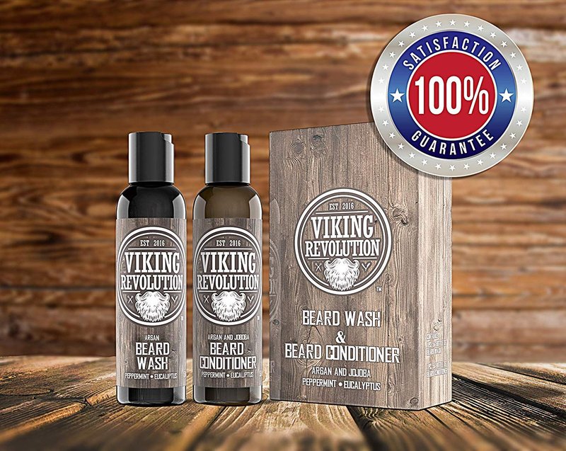 Viking Revolution Beard Shampoo and Conditioner Set - Top-tier Beard Care Kit with Argan & Jojoba Oils for Healthy Beard Growth, No Itching or Irritation, Rich Lather, Eucalyptus Scent (10 oz)