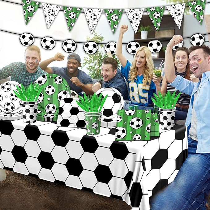 Soccer Party Tableware Set,142pcs Soccer Plates and Napkins Party Supplies Includes Banner, Plates, Cups, Napkins, Tablecloth for Boys Sports Theme Birthday Decorations,Serves 20