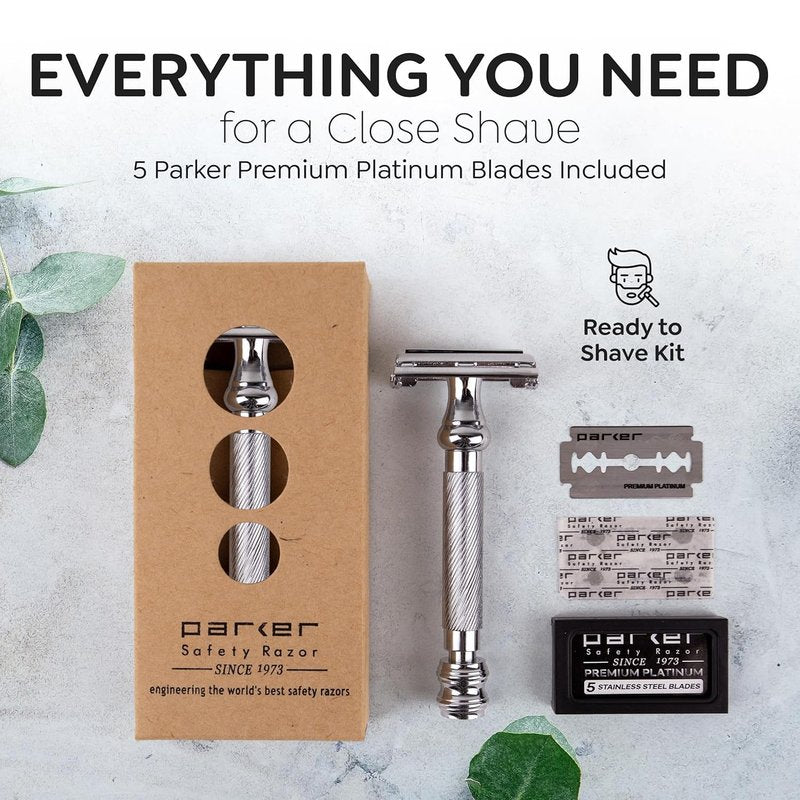 Parker 99R Chrome Long Handle Heavyweight Butterfly Open Double Edge Safety Razor for Men | 5 Parker Premium Platinum Double Edge Razor Blades Included | Iconic Brand