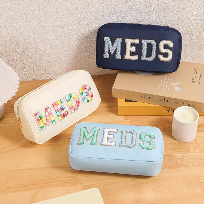 Personalized Chenille Letter Patch MEDS Bag,Cute Nylon Drug Medicine Travel Makeup Bag with Zipper, Preppy Vitamin Organizer Bag for Women and Girls (05Light Blue)