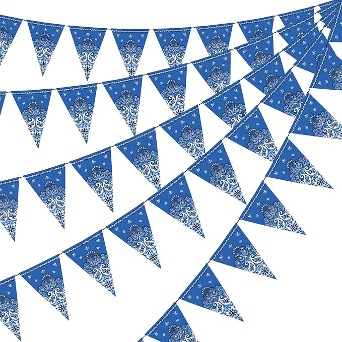 Boao 5 Pack Western Cowboy Party Decorations Bandana Pennant Banner Wild West Decor Western Cowboy Themed Yee Haw Country Party Decoration Supplies 9.8 x 5 ft(Blue Paisley)