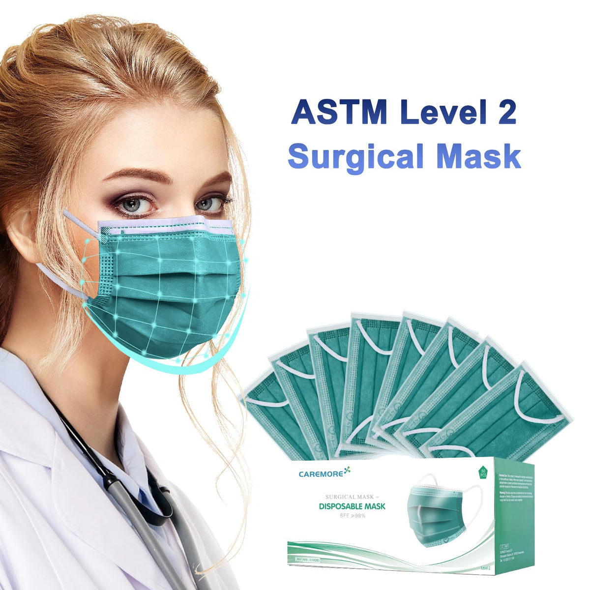 4 Ply Disposable Face Mask Protective(50PCS), Elastic Earloops, Single Use- Green