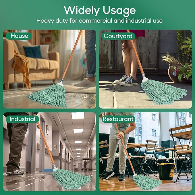 Matthew Cleaning Screw-on Heavy Duty Cotton Wet Mop Replacement Heads(Green, Medium,3Pack) with 2 Pack Microfiber Cloth for Residential & Commercial Floor Cleaning Use- Fit Standard American Screw