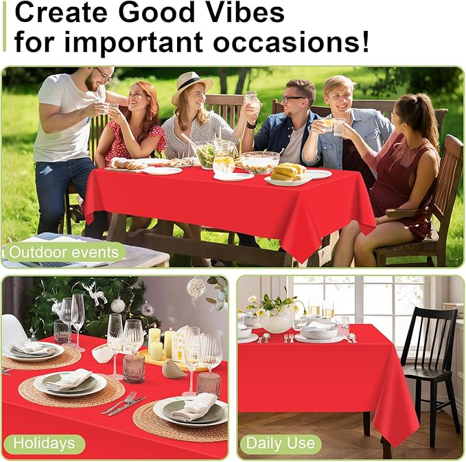 QIKSION Red Plastic Table Cloth Disposable 3 Pack, 54 x 108 Inch Tablecloths for Valentines, Mothers Day, Birthday Party, Christmas Decorations, Rectangle Table Cover