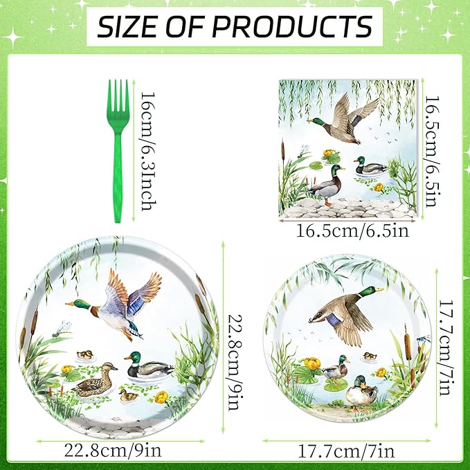 Rakuto Mallard Duck Party Plates and Napkins Party Supplies, 96PCS One Luck Duck Birthday Decorations, Disposable Paper Duck Birthday Party Baby Shower Dinnerware Serves 24