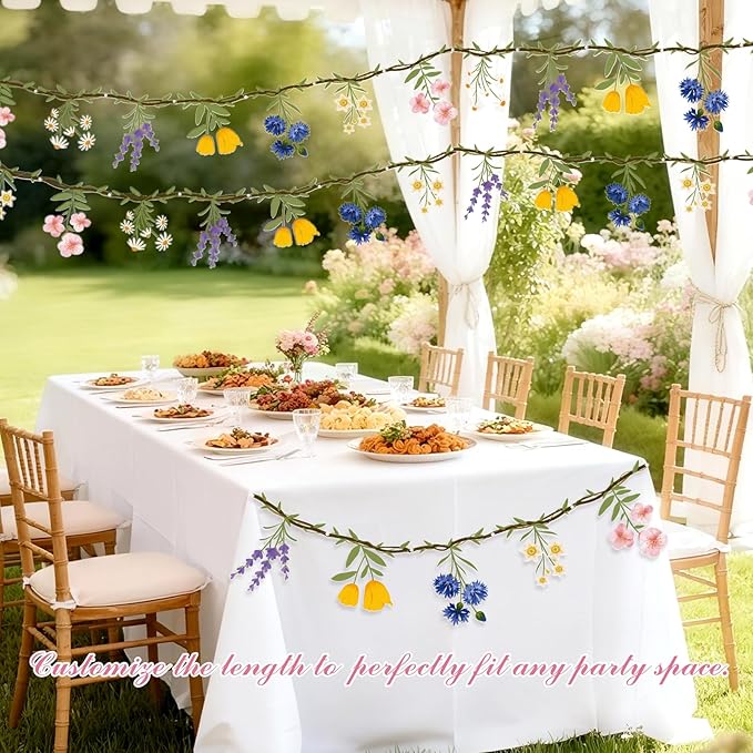 JIAYIQI 2PCS Wildflower Party Decorations - 7.9FT Pre-Strung Floral Garlands for Baby Shower Bloom Birthday Tea Party Wedding - Reusable & DIY Hanging Flower Garland for Garden Theme & Spring